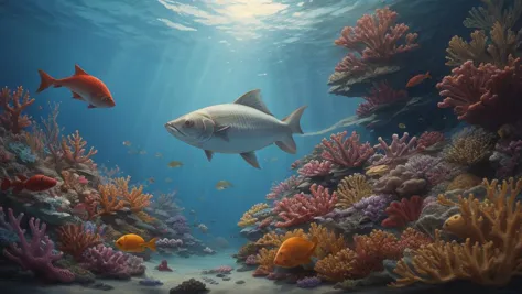 painting of a fish swimming in a coral reef with other fish