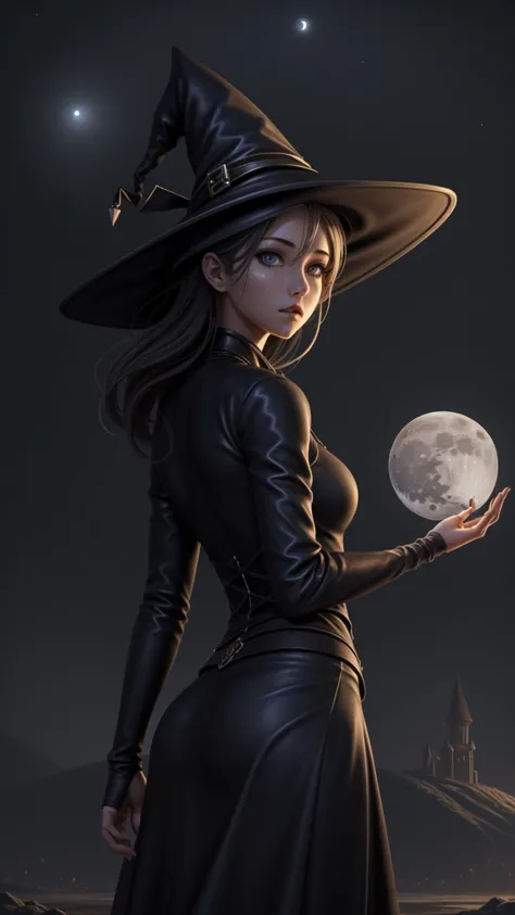 a woman in a witch costume holding a full moon