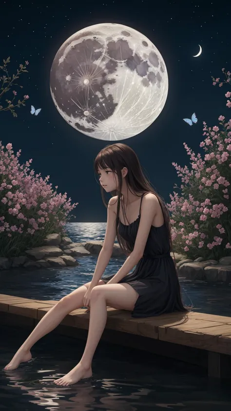 1girl, flower, moon, sitting, water, butterfly