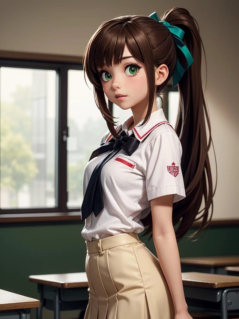 masterpiece, best quality, anime, highly detailed, 1girl, solo, , standing, classroom, monika, green eyes, brown hair, very long hair, ponytail, hair ribbon, white ribbon,