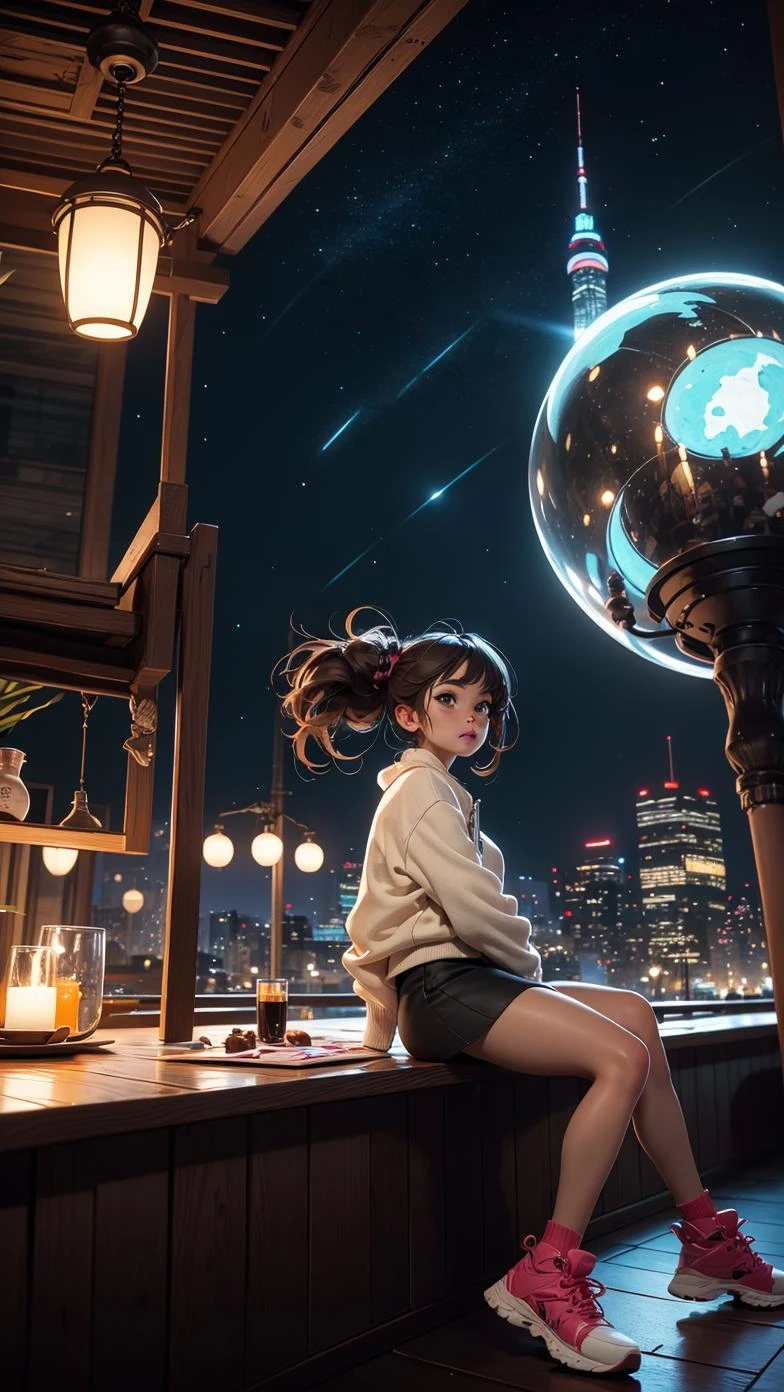 best quality, masterpiece, extremely detailed, detailed background, anime, 1girl, young girl, short girl, sci-fi, science fiction, outdoors, night, starry sky, greenhouse, megastructure, bio-dome, landscape, scenery, horizon, rooftop, sitting on rooftop, wind, looking away, atmospheric lighting, solo focus, close up, from side, depth of field, bokeh