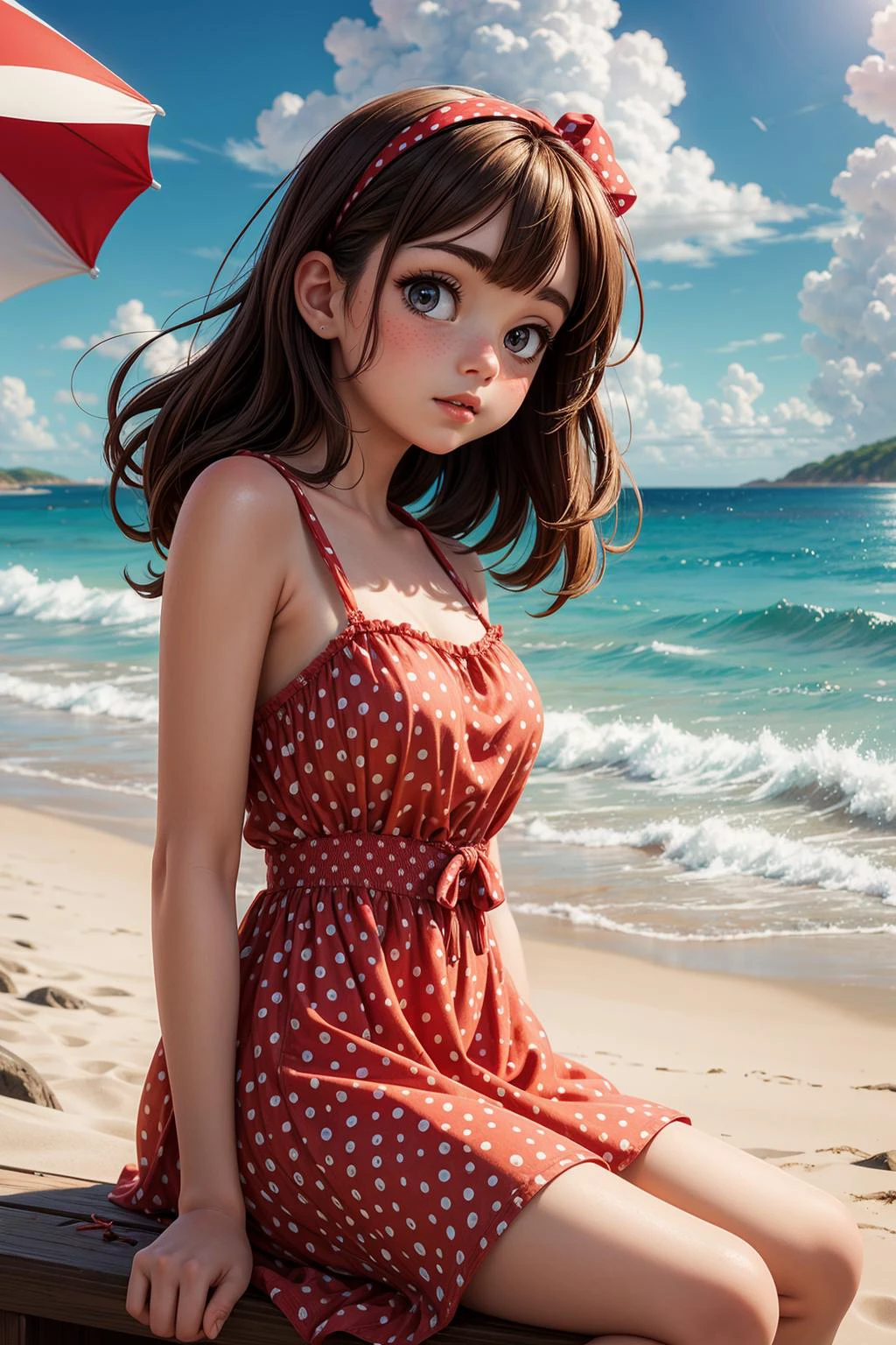 abstract background,(illustration:1),masterpiece,best quality,
detailed face and eyes,1 girl, red and white polka dot sundress, beach, clouds ,beauty,
