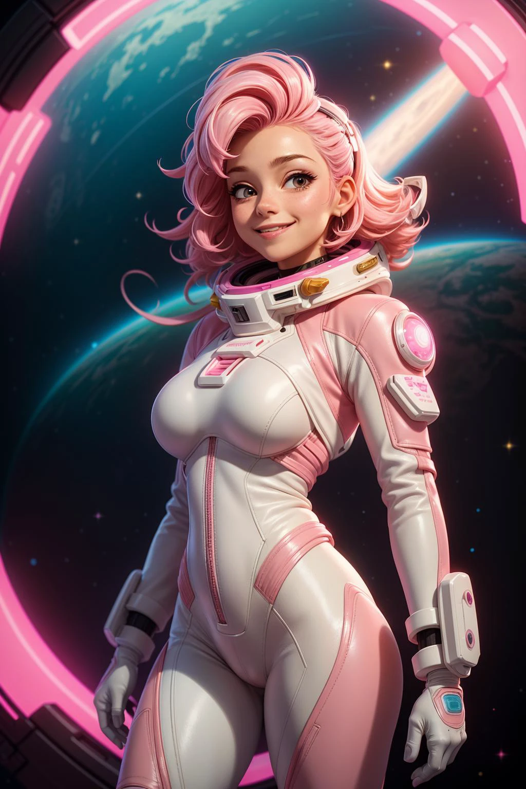 abstract background,(illustration:1),masterpiece,best quality,
((white and pink leather futuristic spacesuit)), neon lit, (smiling), 1girl, pink hair, wavy hair, a white parts of mechanical female, looking at viewer, soft colors, black background, (cameltoe:0.9),
