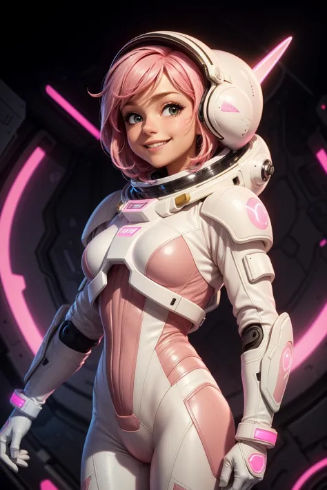 abstract background,(illustration:1),masterpiece,best quality,
((white and pink leather futuristic spacesuit)), neon lit, (smiling), 1girl, pink hair, wavy hair, a white parts of mechanical female, looking at viewer, soft colors, black background, (cameltoe:0.9),
<lora:more_details:0.5> ,