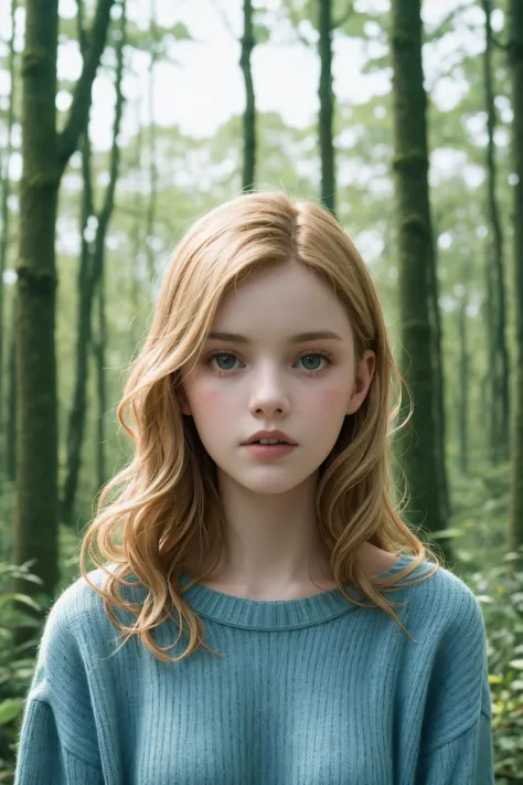 a beautiful young woman standing in front of a forest, white and pale blue toned, davide sorrenti, anamorphic 5 0 mm lens, close...