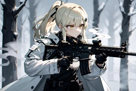 highres, highest quallity, 1girl, adult, solo, solo_focus, platinum blonde hair, blonde_eyes, ponytail, hairpin, solo_focus, arknights, white_theme, dust, smoke, fog, holding weapon, trigger discipline, dark,, coat, trigger discipline, forest, h&k hk416, assault rifle,