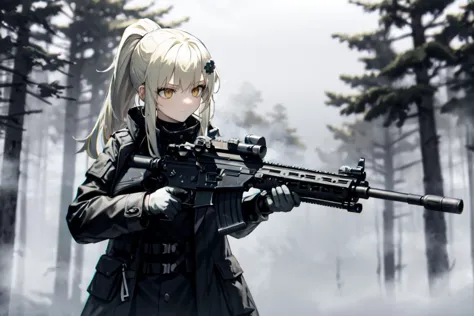 anime girl with a gun in the woods