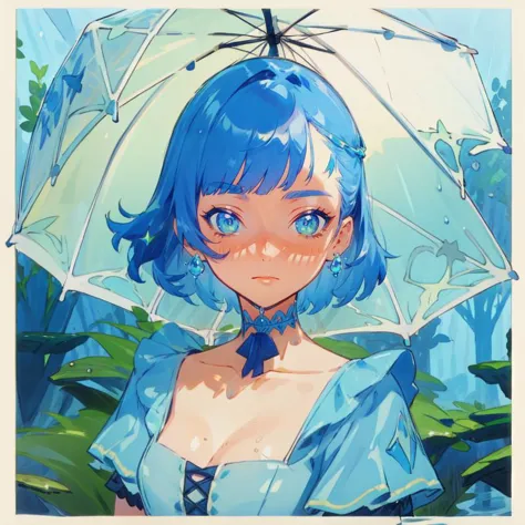 anime girl with blue hair and blue eyes holding an umbrella