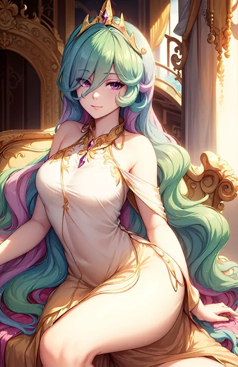 princess_celestia wearing a tunic,regalia,crown,scene is luxurious palace hall,(hair over one eye, one eye covered),<lora:celestia:1>,masterpiece,best quality,sitting down, looking at you,