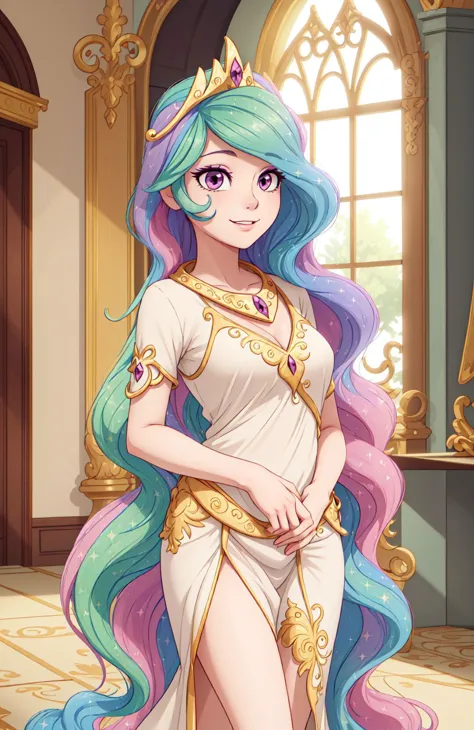 princess_celestia wearing a tunic,regalia,crown,scene is luxurious palace hall,(hair over one eye, one eye covered),<lora:celest...