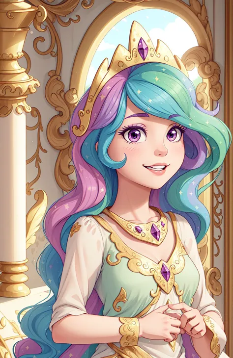 princess_celestia wearing a tunic,regalia,crown,scene is luxurious palace hall,(hair over one eye, one eye covered),<lora:celest...