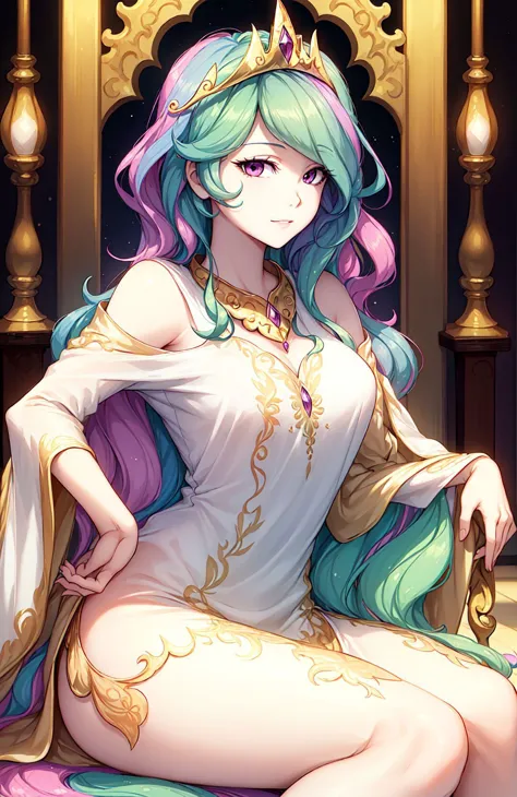 princess_celestia wearing a tunic,regalia,crown,scene is luxurious palace hall,(hair over one eye, one eye covered),masterpiece,best quality,sitting down, looking at you,