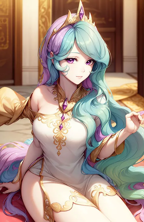 princess_celestia wearing a tunic,regalia,crown,scene is luxurious palace hall,(hair over one eye, one eye covered),masterpiece,best quality,sitting down, looking at you,