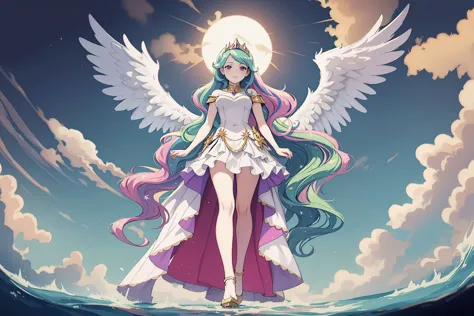 princess celestia, regalia, (from below shot:1.1), full body, <lora:celestia:0.7>, spread angel's wings, [halo : sun : 2], dress