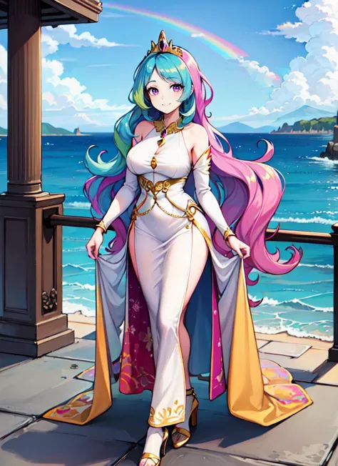 ((best quality)), ((highly detailed)), , (1girl), ( solo), full body, very wide shot<lora:celestia:.9>, princess_celestia, very long hair, rainbow hair, multicolored hair, purple eyes, very large breasts, smiling, crown, regalia, white dress, long dress, long sleeves, (gold trim), bare legs, high heels, sandals, gold footwear, (outside, at the ocean, noon)