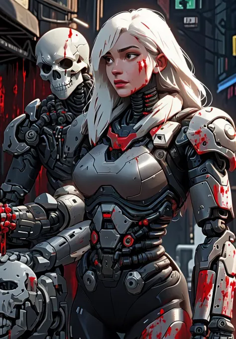 ultra realistic, a bionic zombi with liquid metal skull head,liquid metal skull body, blood, intricate details, a crowd of bioni...