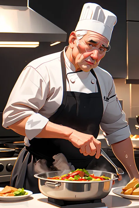 (best quality, masterpiece), old man, fat, chef, cooking, sweat