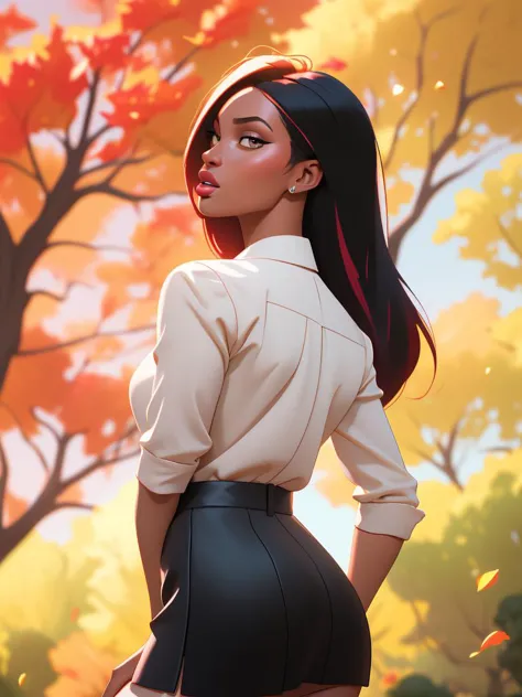 Megan Thee Stallion at the autumn colorful park, wearing a flared short skirt and blouse, taken from the side, best quality mast...