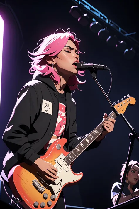 arafed image of a woman with pink hair playing a guitar