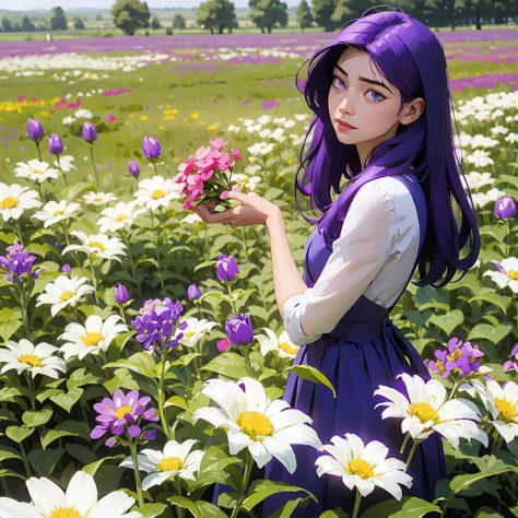 girl with flowers in the field purple hair,
