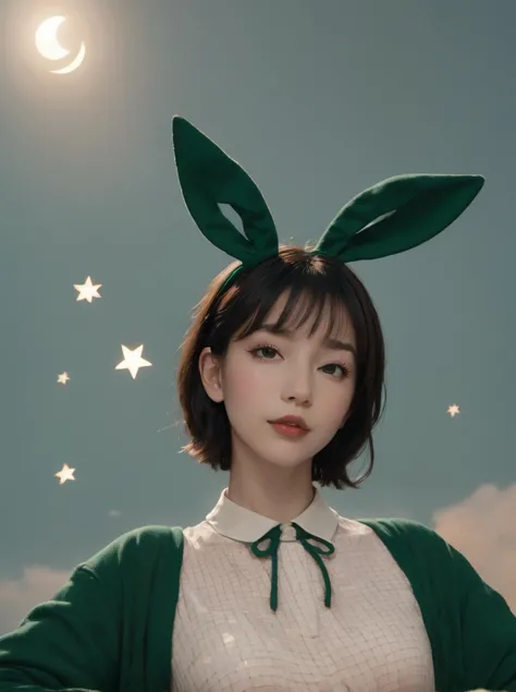 a woman with a green sweater and green ears standing in front of a moon