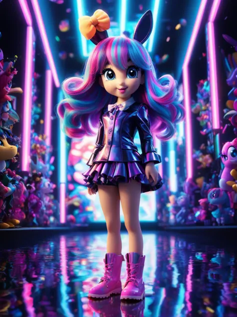 a girl in a purple dress and pink boots stands in front of a neon tunnel