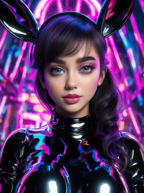 a woman in a shiny latex outfit with ears and a neon background