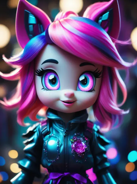 a close up of a doll with pink hair and purple eyes