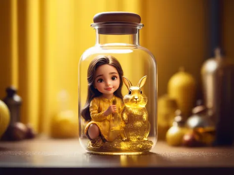 a close up of a doll in a glass jar with a rabbit