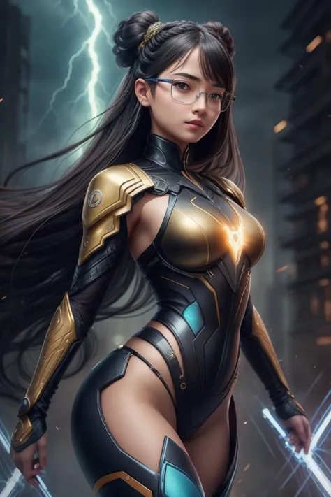 a woman in a black and gold outfit holding two swords