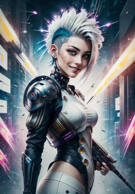 a woman in a futuristic outfit holding a gun