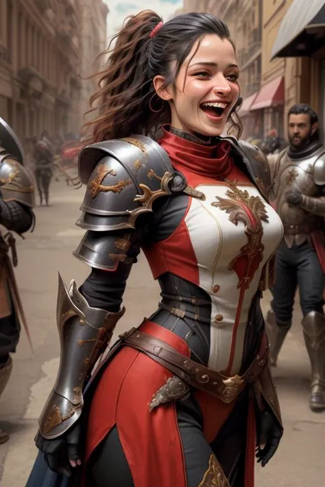 a close up of a woman in armor on a city street