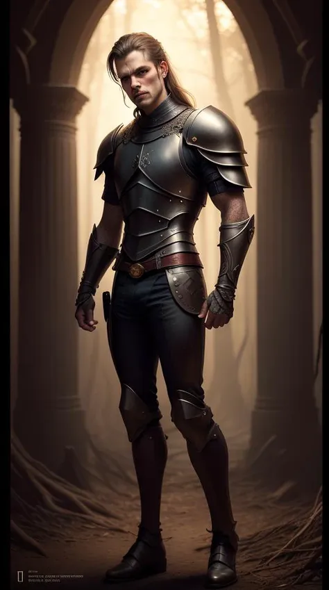 a man in armor standing in a dark room with a light coming through