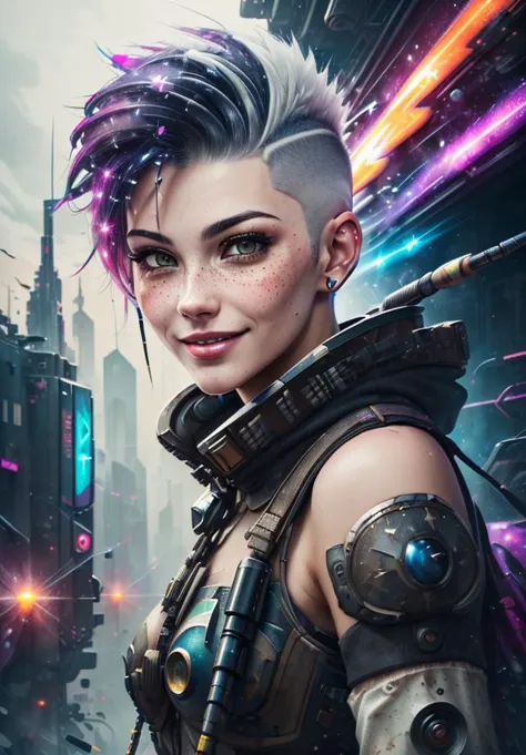 StarDust, (masterpiece), (half-turn:1.2), freckles, (best quality:1.2), absurdres, (intricate details:1.2),  (smiling:1.1), (city ruins:1.1), (cyberpunk:1.2), (beautiful 25 yo sniper:1.2), (short white hair:1.1), (hi-top fade:1.3), (wearing cuberpunk armor:1.2),  <lora:StarDust:0.7>, (natural skin texture:1.2)