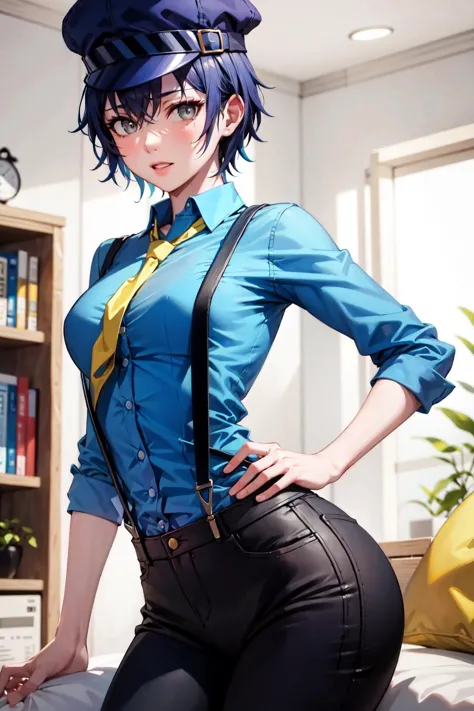 anime - style image of a woman in a blue shirt and black pants