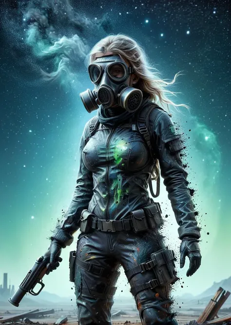 a woman in a gas mask standing in a field with a gun