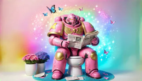 there is a pink statue of a man sitting on a toilet reading a newspaper