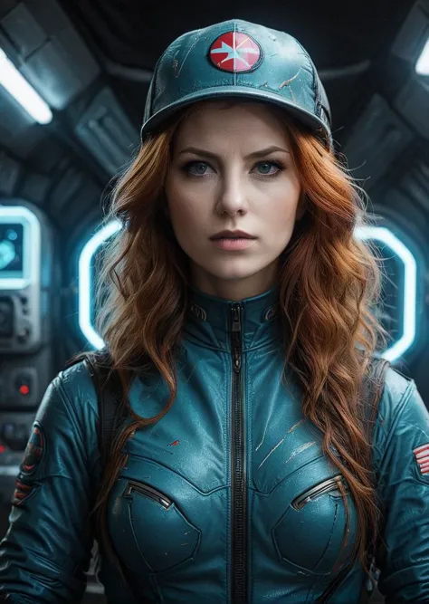 a woman in a blue leather jacket and hat standing in a spaceship