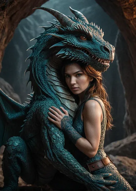 a woman in a green dress hugging a blue dragon