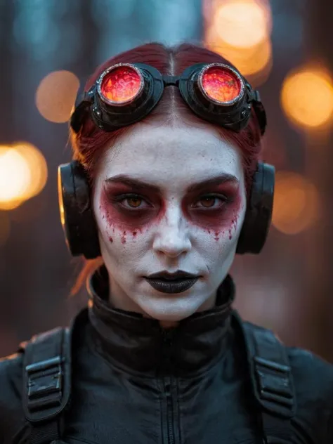 a woman with red hair and goggles is wearing a black outfit