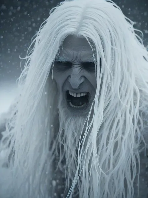 a close up of a man with long white hair and a beard