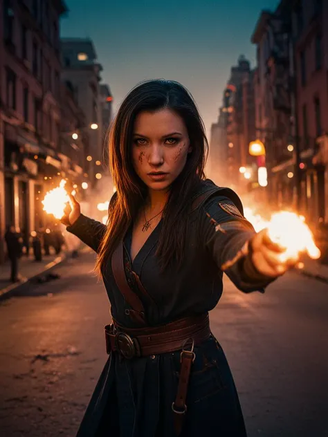 a woman holding fireballs in her hands on a city street