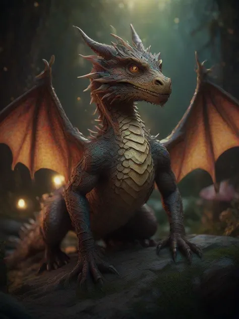 a close up of a dragon sitting on a rock in the woods