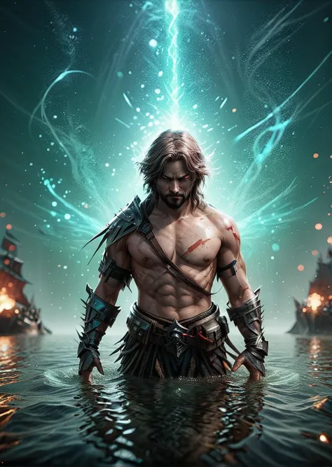 a man with a sword standing in the water with a light shining behind him