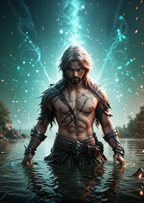 a man with a beard and a sword standing in water