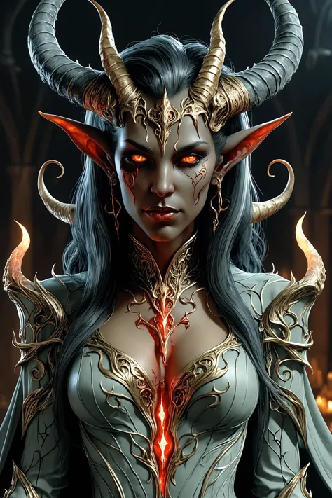 a close up of a woman with horns and a dress