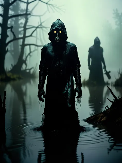 arafed man in a hooded jacket standing in a swamp with two other people in the background