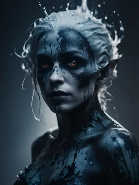 a woman with white hair and black makeup is covered in paint