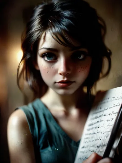 a close up of a woman holding a book with a handwritten page