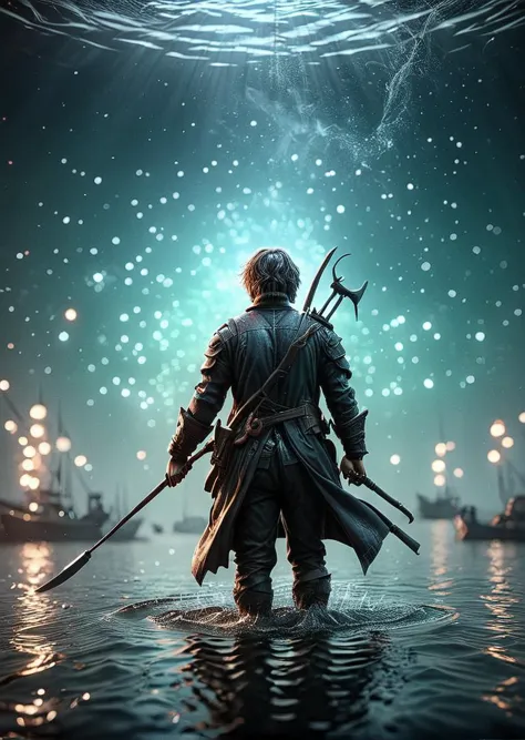 a man in a trench coat holding a scythe walking through water